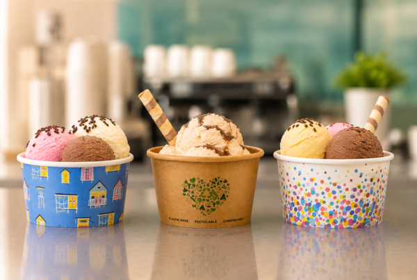 Dessert packaging featuring colourful paper dessert cups and compostable takeaway dessert containers