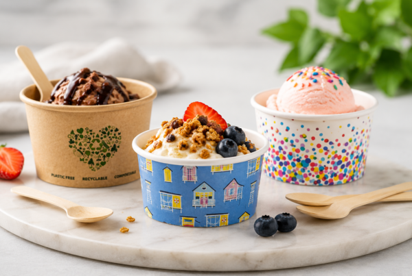 Dessert cups filled with colourful ice cream, toppings and takeaway dessert options