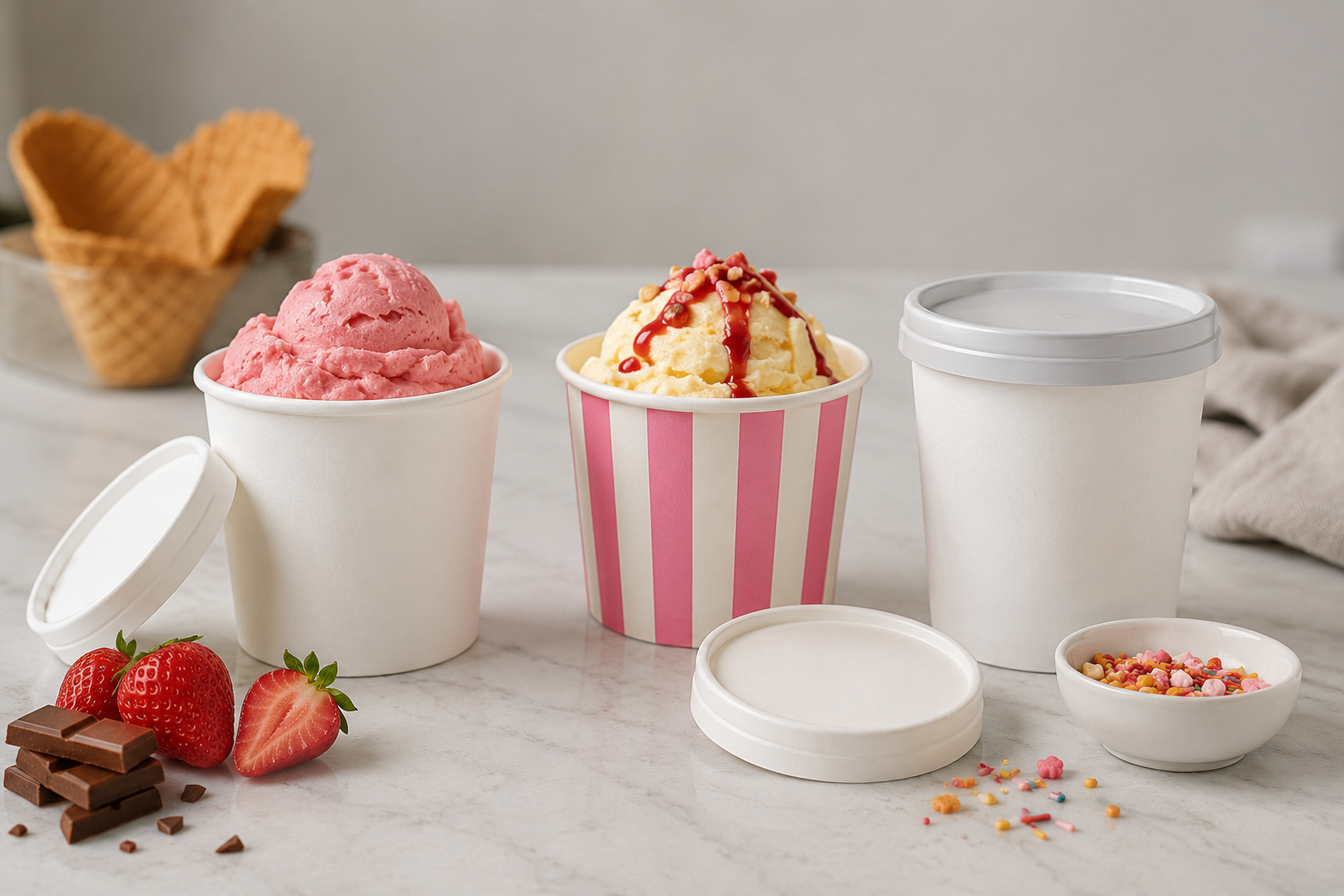 Ice cream tubs filled with frozen desserts displayed alongside secure takeaway tubs and lids.