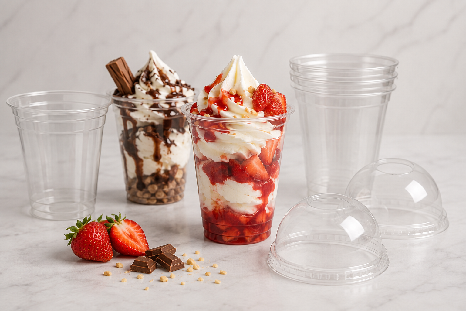 Clear sundae cups filled with layered frozen desserts topped with fruit, chocolate and cream.
